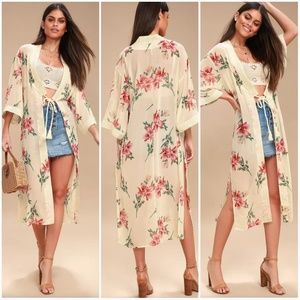 Sheer cream floral print kimono